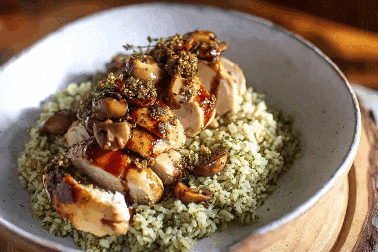 Balsamic Chicken Creamy Pesto Rice