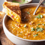 Tikka Red Lentil Soup and Mango Chutney Onion Cheese Toasties