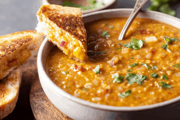 Tikka Red Lentil Soup and Mango Chutney Onion Cheese Toasties