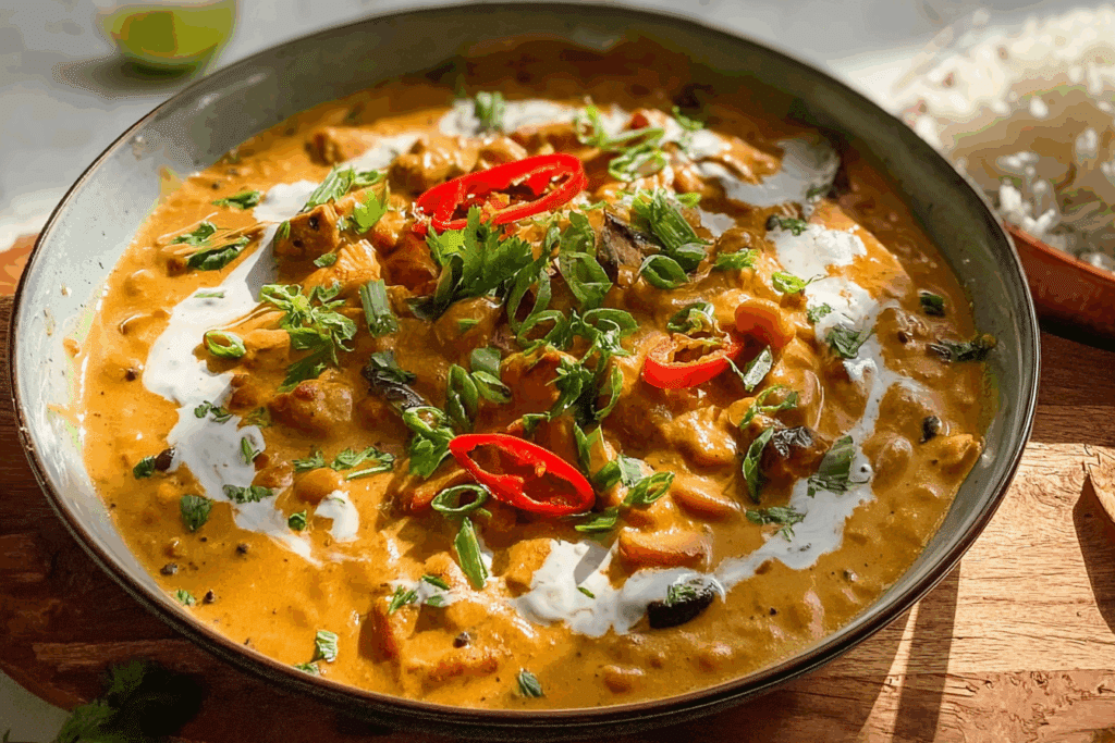 Creamy Peanut Curried Aubergine and Beans