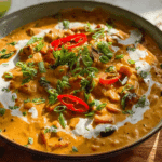 Creamy Peanut Curried Aubergine and Beans