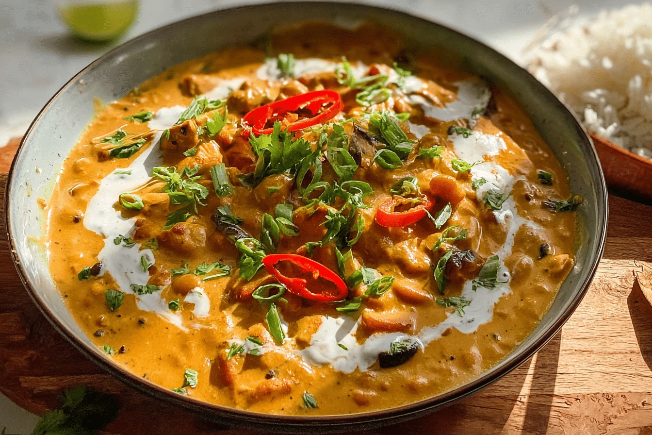 Creamy Peanut Curried Aubergine and Beans