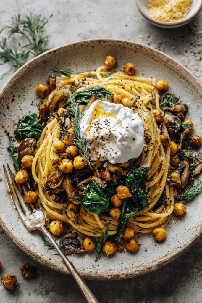 Oven-Roasted Mushroom Pasta with Crispy Rosemary Chickpeas