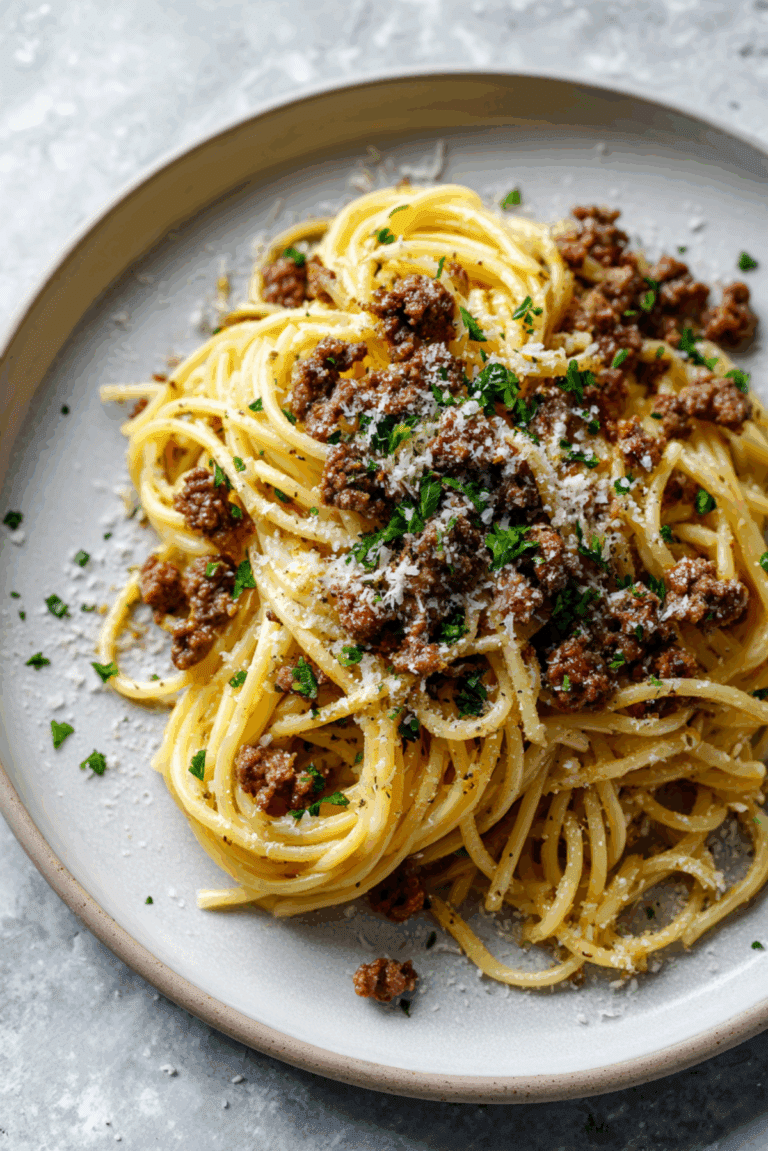 Creamy Garlic Butter Spaghetti with Parmesan Beef