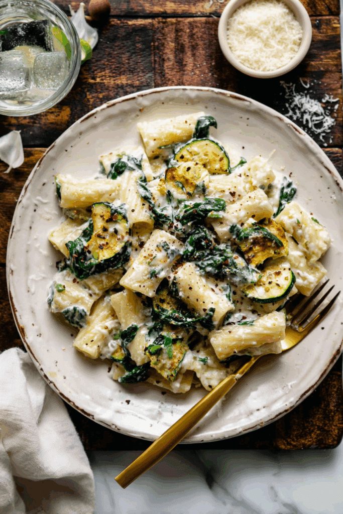 Ricotta & Spinach Rigatoni with Fried Zucchini