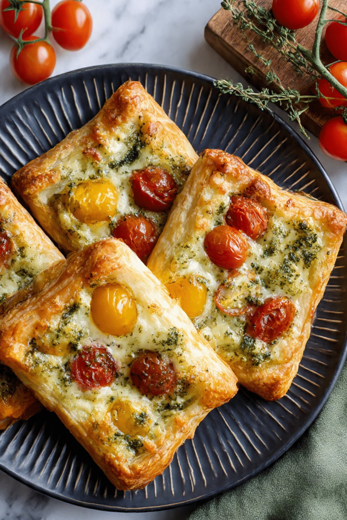 Pesto Tomato Puffs with Garlic Yoghurt Dip