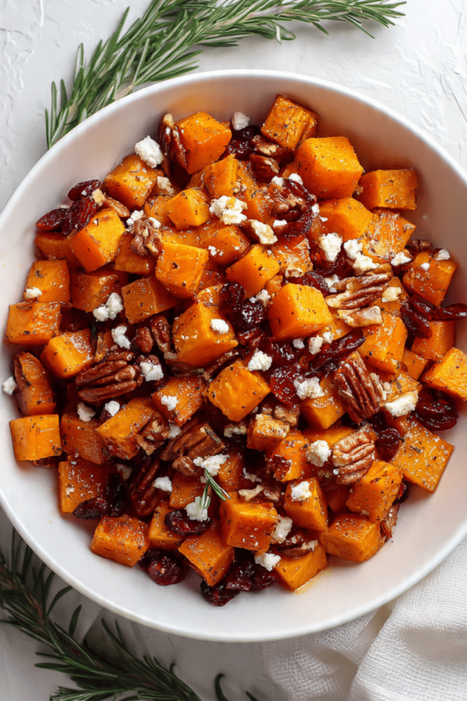 MAPLE ROASTED BUTTERNUT SQUASH with CRANBERRIES & FETA