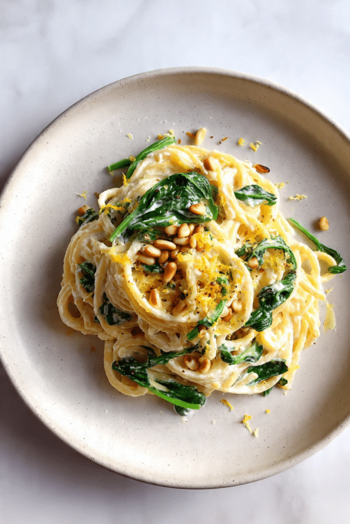 Lemon Ricotta Pasta with Spinach and Toasted Pine Nuts
