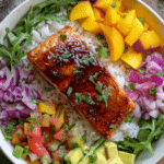 HONEY GLAZED SALMON BOWLS WITH PEACH SALSA & CHIPOTLE SAUCE