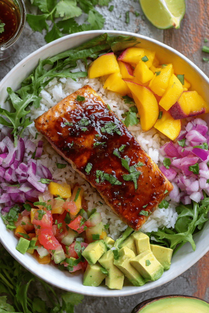 HONEY GLAZED SALMON BOWLS WITH PEACH SALSA & CHIPOTLE SAUCE
