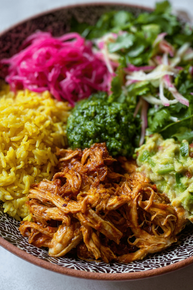 Crockpot Chicken Bowls with Yellow Rice and Cilantro Pesto