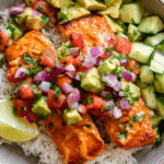 Bang Bang Salmon with Avocado Cucumber Salsa