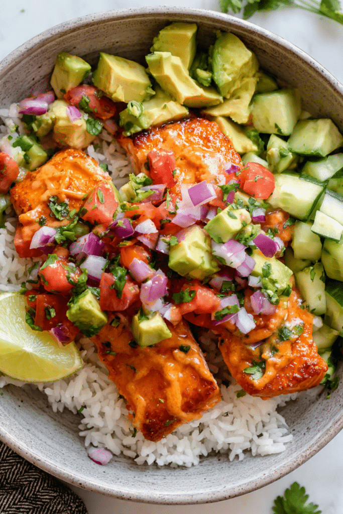 Bang Bang Salmon with Avocado Cucumber Salsa