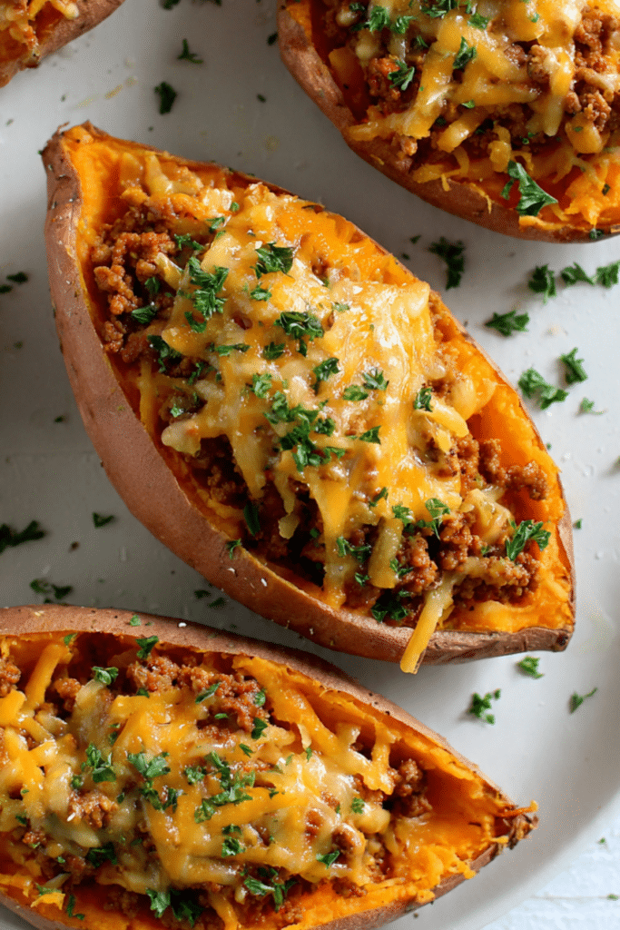Beef and Cheese Stuffed Sweet Potatoes