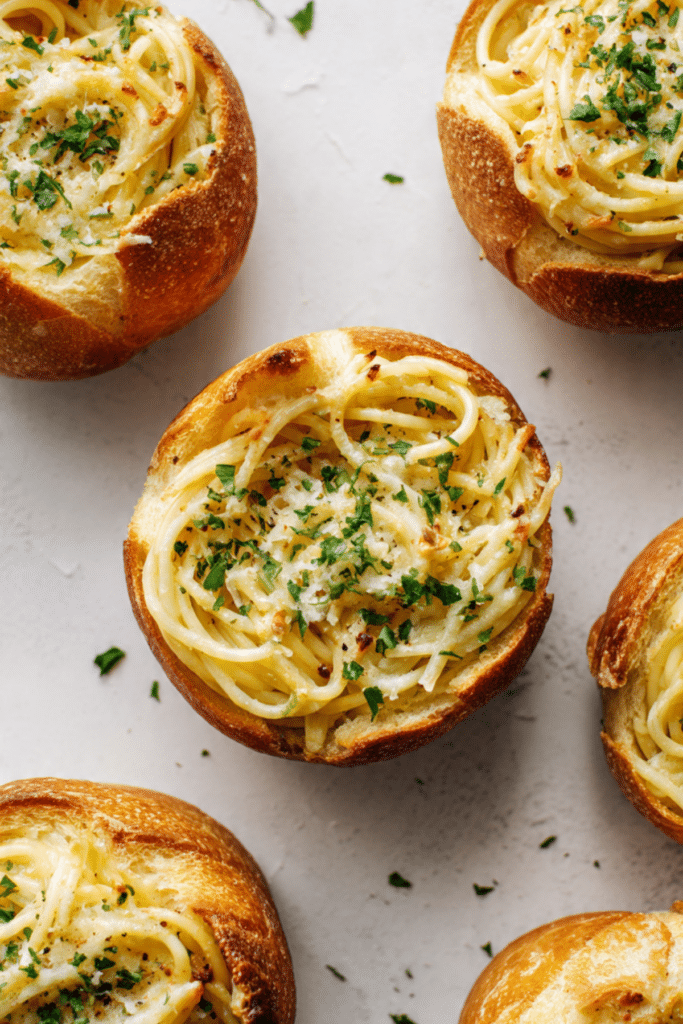 Spaghetti Garlic Bread Bowls